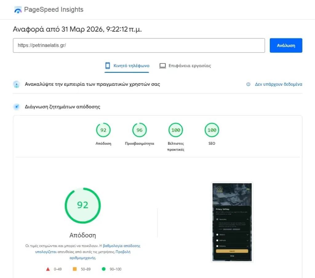 PageSpeed-Insights-Bericht von petrinaelatis.gr mit den Werten 92, 96, 100 und 100